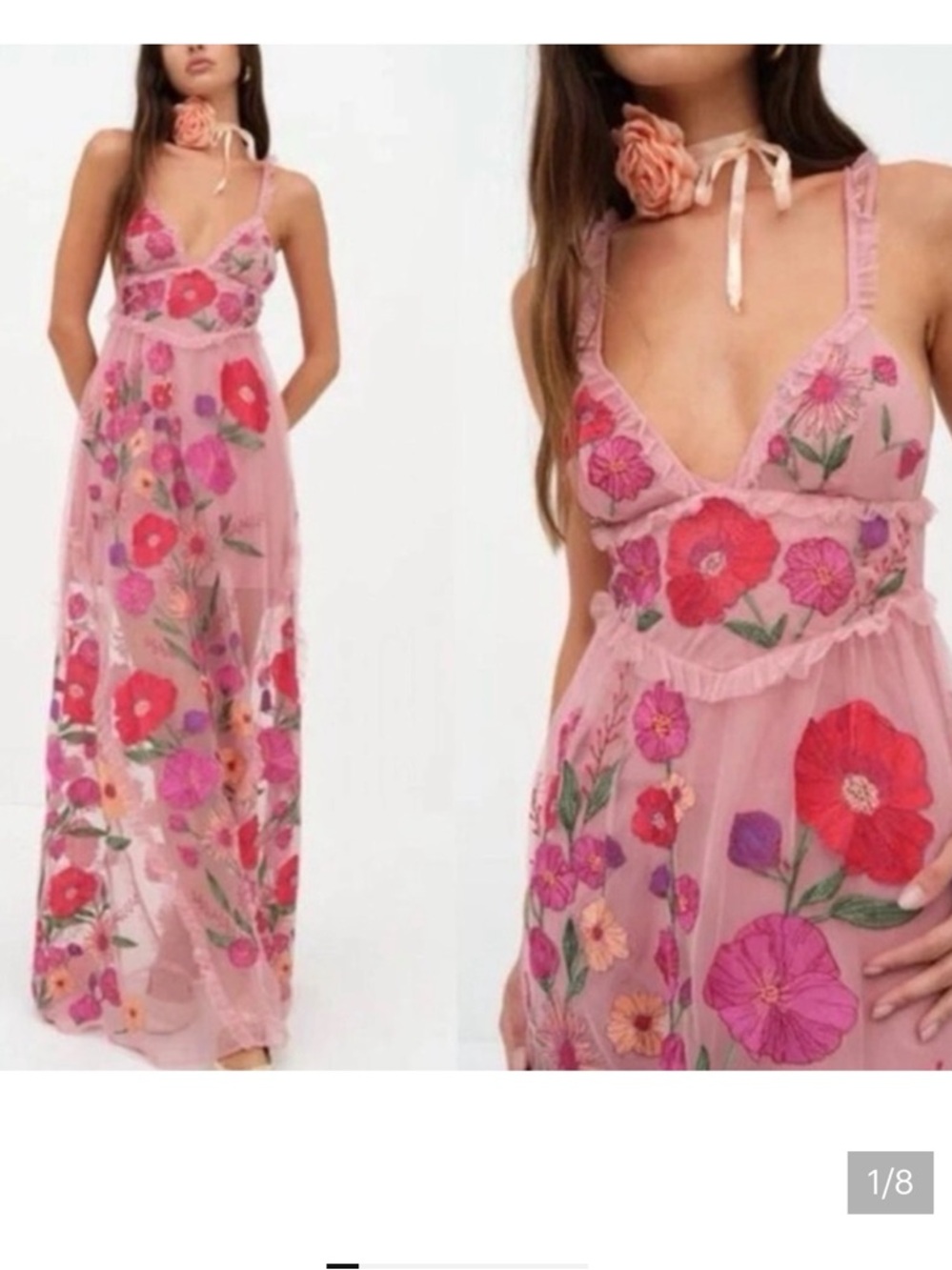 or Love & Lemons Kaylee Embroidered Floral Tulle Maxi Dress Pink Size Small